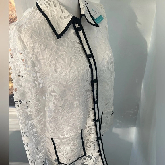 Ming Wang Sz S magnificent openwork white/black trim lace jacket Heritage lovely - Picture 3 of 15